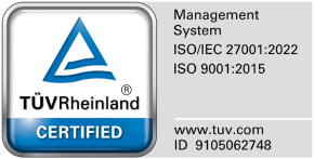 TÜV Rheinland certified - Management System ISO/IEC 27001:2022 ISO 9001:2015